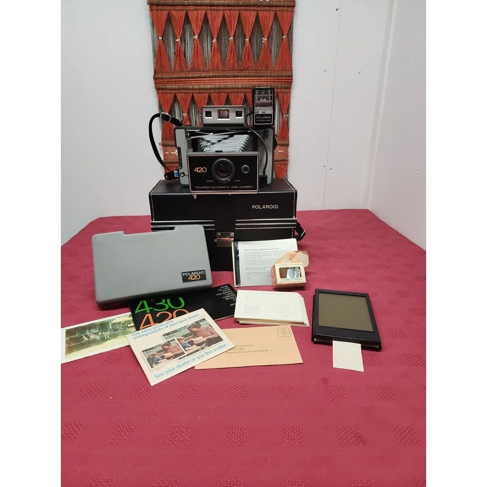 VTG 1960s Polaroid 420 Land Camera Original Hardshell Case, Paperwork And Flash